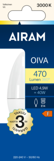Kynttilälamppu LED E14 4,9 W Airam Oiva, lämpimän valkoinen