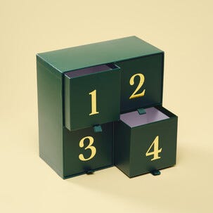 Adventskalender att fylla själv, 4 lådor, grön/guld