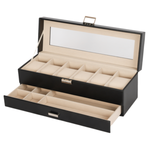 Miesten kellolaatikko 6 kellolle ja tarvikkeille, tekonahka