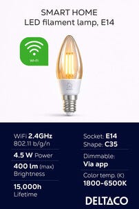 Deltaco Smart Home WiFi dimbar LED-filament E14 4,5 W