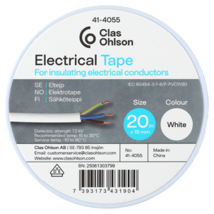 Hvit elektrikerteip, 19 mm x 20 meter
