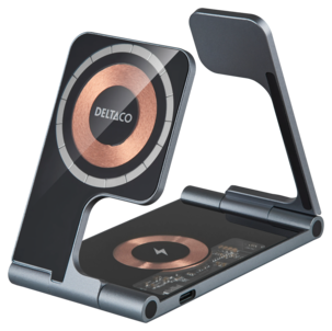 Deltaco 3-i-1 trådlös laddare med magnet, 15 W