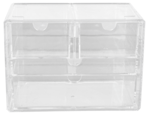 Meikkiteline, jossa 4 laatikkoa, laatikosto kirkasta muovia