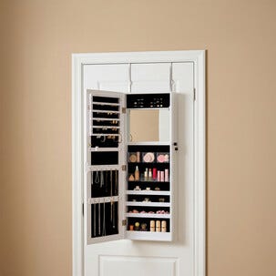 Ripustettava kaappi koruille ja meikeille peilillä, valkoinen