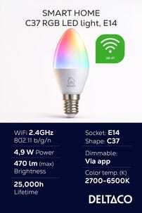 Deltaco Smart LED-mignonpære RGB, E14 4,9 W dimbar