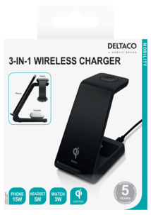 Deltaco 3-i-1 trådlös laddare, Qi-certifierad, 15 W