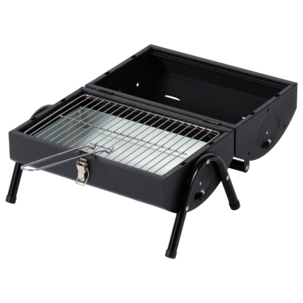 Liten, portabel kolgrill med lock och dubbla grillytor