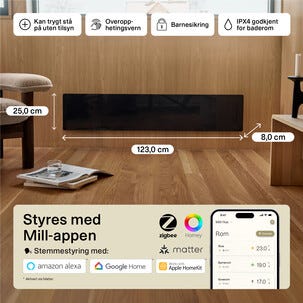 Mill Glass Smart WiFi element Gen. 4, svart, 1050 W