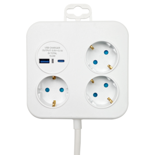 Grenuttag 3-vägs med USB-A och USB-C, 1,4 meter