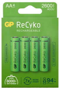 Laddningsbara batterier AA / HR6 2600 mAh, GP ReCyko, 4-pack