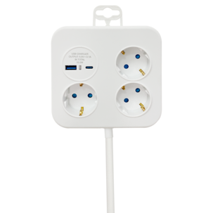 Grenuttag 3-vägs med USB-A och USB-C, 1,4 meter