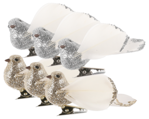 Dekorationsfåglar med clips, silver och guld, 6-pack
