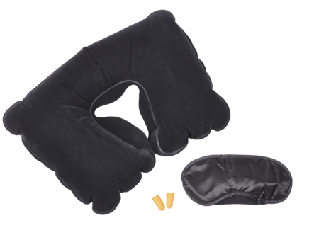 Reseset med kudde, mask och öronproppar