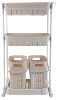 Rullvagn med 2 tvättkorgar och 2 korgar, 52,5 x 34 x 107 cm