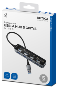 Deltaco USB-A hub med 4 portar, transparent, UH-736