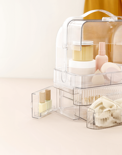 Kannettava meikkiteline, laatikot, kirkasta muovia