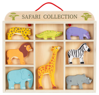 Lekesett med safaridyr i tre med hylle, fra 3 år