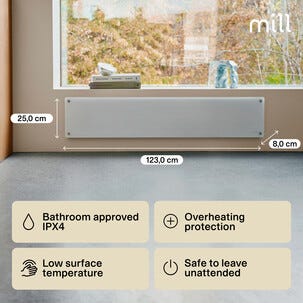 Mill panelelement med termostat, glas, vit