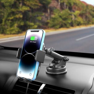 Puhelinteline autoon, puristuskiinnike, langaton Qi ja imukuppi