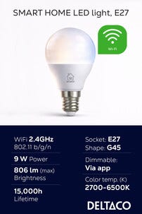 Deltaco Smart Home LED-lampa E27, 9 W, dimbar