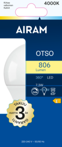 Airam-lamppu LED E27, himmennettävä, 7,3 W, neutraalin valkoinen