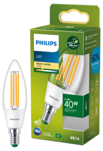Varmvit LED-kronljuslampa E14 B35 2,3 W, Philips Ultra Efficient