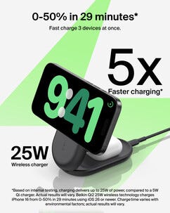 Belkin UltraCharge 3-i-1 sammenleggbar Qi2-lader, 25W